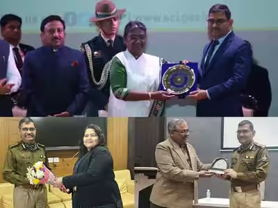 A three-panel montage showing Narasimha Komar at a presentation before the President of India, at a felicitation in his office, and receiving a memento at an event.